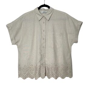 Boho Coastal Eyelet Floral Embroidered Blouse Scallop Hem Coastal Resort Goblin